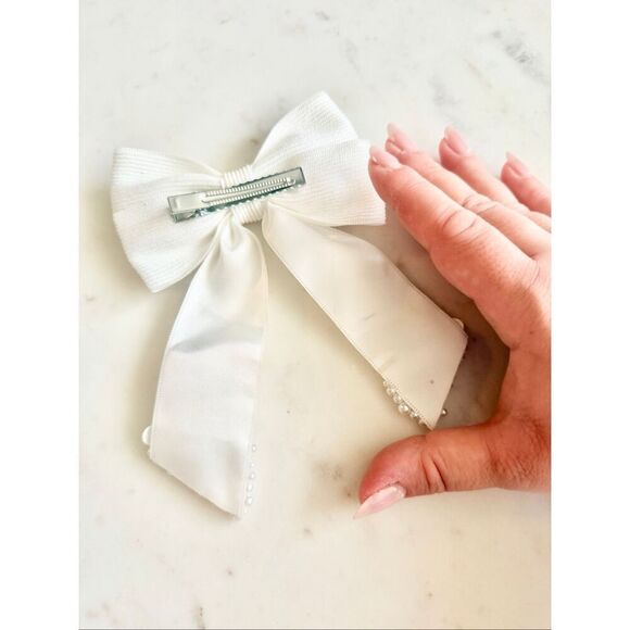 White Pearl Floral Ribbon Hair Bow Clip | Romantic Bridal Coquette main image 4